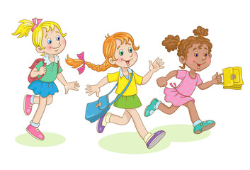 Wall Mural - Three cute little girls running to school. In cartoon style. Isolated on white background. Vector illustration.