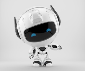 black and white robot pr manager, unusual robotic character with funny prick-ears, 3d rendering