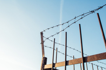 Wall Mural - a fence of barbed wire against a background of a blurry and blue sky. Wall and barbed wire against the blue sky. Metal, thorny fence glitters in the sun. A cloud flies over the barbed wire