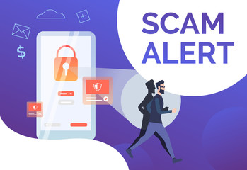 Poster - scam alert web poster design. hacker running from red lock on phone screen. information security con