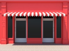 Red Shop, Store Facade, Shopfront With Two Doors, Large Windows And Awnings 3D Render	