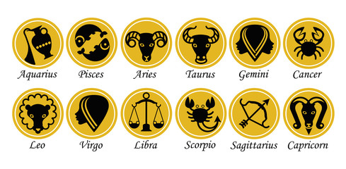 Wall Mural - Set of twelve signs of the zodiac on the background of gold circles. Prediction of the future. Vector illustration. Isolated on white background