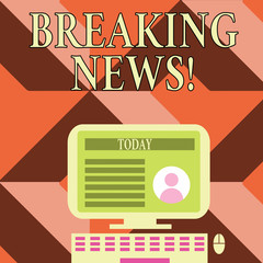 Poster - Writing note showing Breaking News. Business concept for Newly received info about an event and currently occurring Computer Mounted on Stand with Online Profile Data on Screen