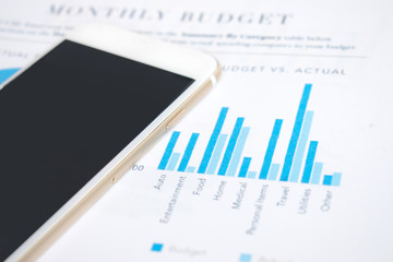 Poster - Image about financial graph. Modern office desk image,, smartphones on the financial graph of businessmen