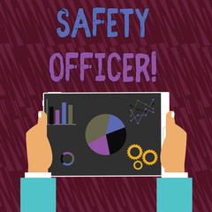 Poster - Text sign showing Safety Officer. Business photo text a demonstrating responsible for ensuring safety regulations Hands Holding Tablet with Search Engine Optimization Driver Icons on Screen