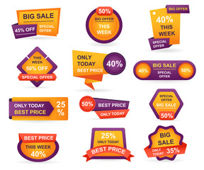 Wall Mural - Set of retail sale tags. Stickers best offer price and big sale pricing tag badge design. Limited sales offer label or store discount banner card isolated. Shopping coupon. Vector illustration.