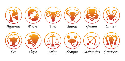 Wall Mural - Set of twelve signs of the zodiac on the background of gold circles. Prediction of the future. Vector illustration. Isolated on white background