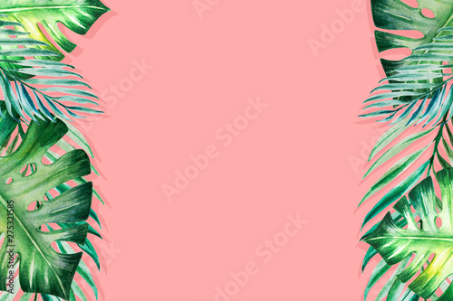 Beautiful frame of tropical leaves. Monstera, palm. Watercolor painting. Exot...