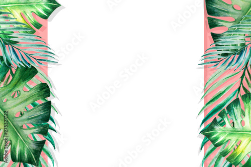Beautiful frame of tropical leaves. Monstera, palm. Watercolor painting. Exot...