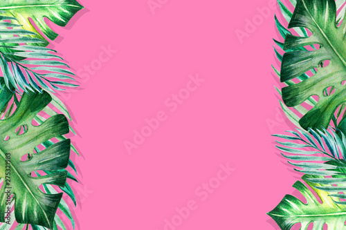 Beautiful frame of tropical leaves. Monstera, palm. Watercolor painting. Exot...