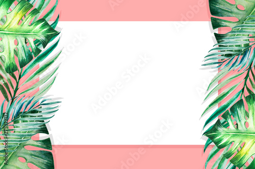 Beautiful frame of tropical leaves. Monstera, palm. Watercolor painting. Exot...