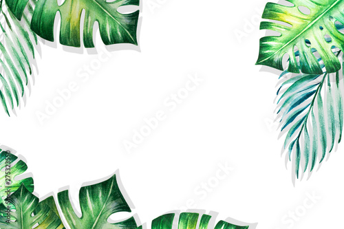 Beautiful frame of tropical leaves. Monstera, palm. Watercolor painting. Exot...