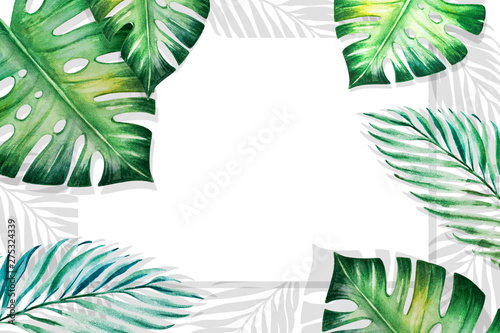 Beautiful frame of tropical leaves. Monstera, palm. Watercolor painting. Exot...