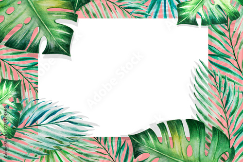 Beautiful frame of tropical leaves. Monstera, palm. Watercolor painting. Exot...