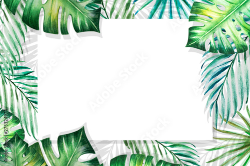 Beautiful frame of tropical leaves. Monstera, palm. Watercolor painting. Exot...