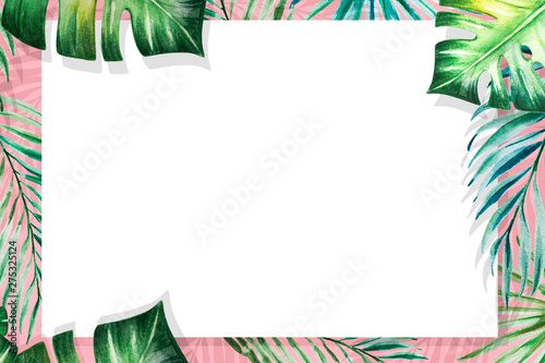 Beautiful frame of tropical leaves. Monstera, palm. Watercolor painting. Exot...
