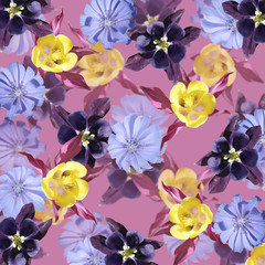 Fotomurales - Beautiful floral background of chicory and aquilegia. Isolated