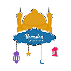 Wall Mural - Islamic mosque on a cloud with lamps, stars and moon icons. Ramadan kareem - Vector