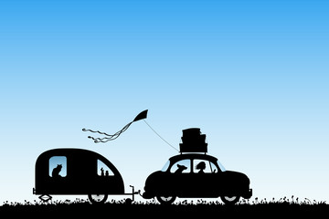 Sticker - Cartoon retro car on country road. Vector illustration with silhouettes of woman and dog traveling with camper trailer. Family road trip. Blue pastel background