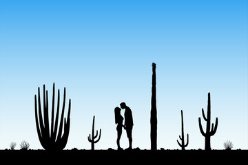 Lovers between cactuses in park. Vector illustration with silhouette of loving couple. Landscape with cacti. Blue pastel background