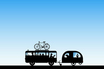 Poster - cartoon retro car on road. vector illustration with silhouettes of parents with children traveling i
