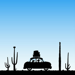 Sticker - Cartoon retro car between cactuses on road. Vector illustration with silhouettes of woman and dog traveling in camper. Family road trip. Landscape with cacti in desert. Blue pastel background
