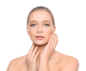 Portrait of young woman with beautiful face on white background