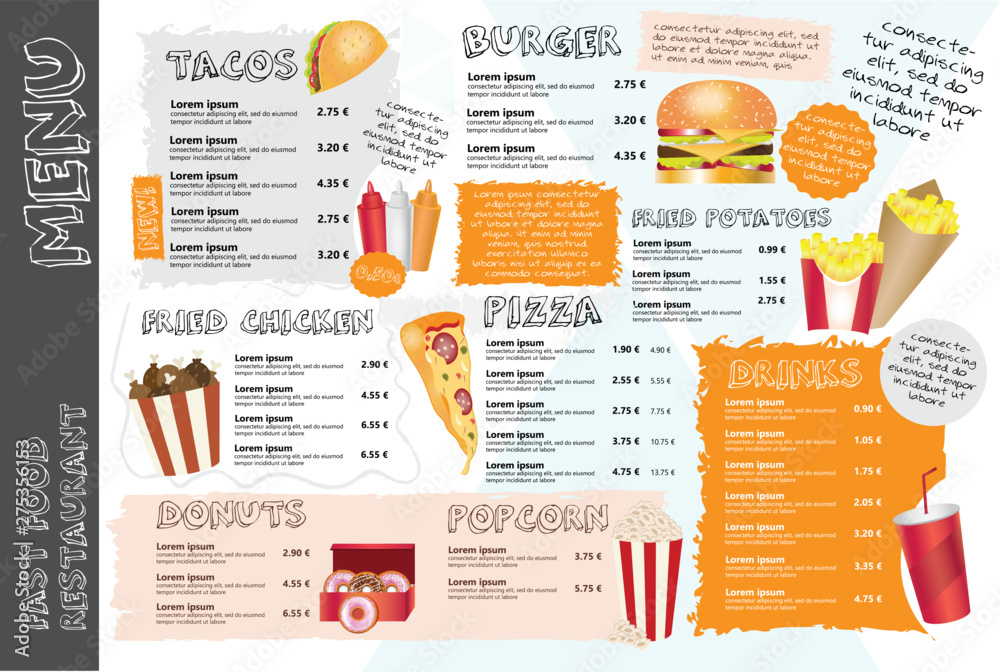 Fast food menu for restaurant. Colorful menu design. Restaurant ...