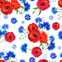Abstract Floral Seamless Pattern With Red Poppies And Blue Cornflowers.