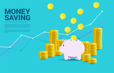 stack of dollar coin with money from sky to piggy bank. Concept of success investment and money saving.