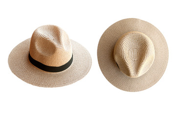 Wall Mural - Vintage pretty straw hat beside and top view isolated on white background.