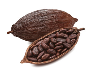 Wall Mural - Raw cocoa pod and fried beans isolated on white background