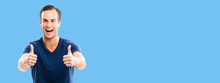 Photo Of Excited Happy Man In Blue Casual Smart Wear, Showing Thumbs Up Gesture, Over Blue Color Background