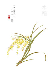 Watercolor Chinese ink paint art illustration nature plant from The Book of Songs rice. Translation for the Chinese word : Plant and rice