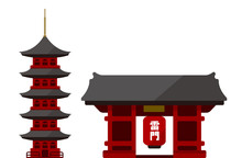 Tokyo Landmark Building Flat Vector Illustration / Asakusa Temple Gate And Pagoda