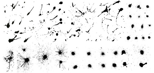Fototapete - Nice сollection of ink splashes blots splatter. Set grunge design element and art messy backdrop. High quality manually traced. Color dirty liquid. Black ink blow explosion. Vector grunge set
