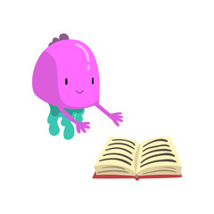 Sticker - Cute Purple Freaky Monster with Book, Funny Friendly Alien Cartoon Character Vector Illustration