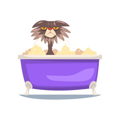 Sticker - Funny Angry Cat Taking Bath, Funny Cartoon Character Animal Washing in Foamy Bathtub Vector Illustration