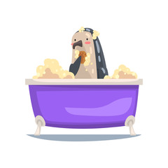 Sticker - Funny Penguin Taking Bath and Washing with Washcloth, Funny Animal Cartoon Character Relaxing in Bathtub Full of Foam Vector Illustration