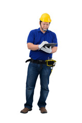 construction foreman in blue shirt with Protective gloves, helmet with tool belt hand holding clipboard and check the work list isolated on white