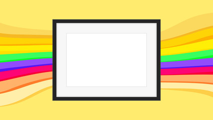 rectangle frame empty on colorful rainbow background, picture frames on colorful fashionable, blank frames decoration with rainbow colorful art backdrop, wooden frame modern, photo frame wood on wall