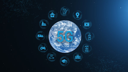 Wall Mural - earth 5g network iot internet of things future benefits full orb day blue icons
