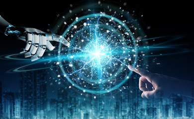 Fototapete - Robot hand and human hand touching digital sphere network on dark background 3D rendering