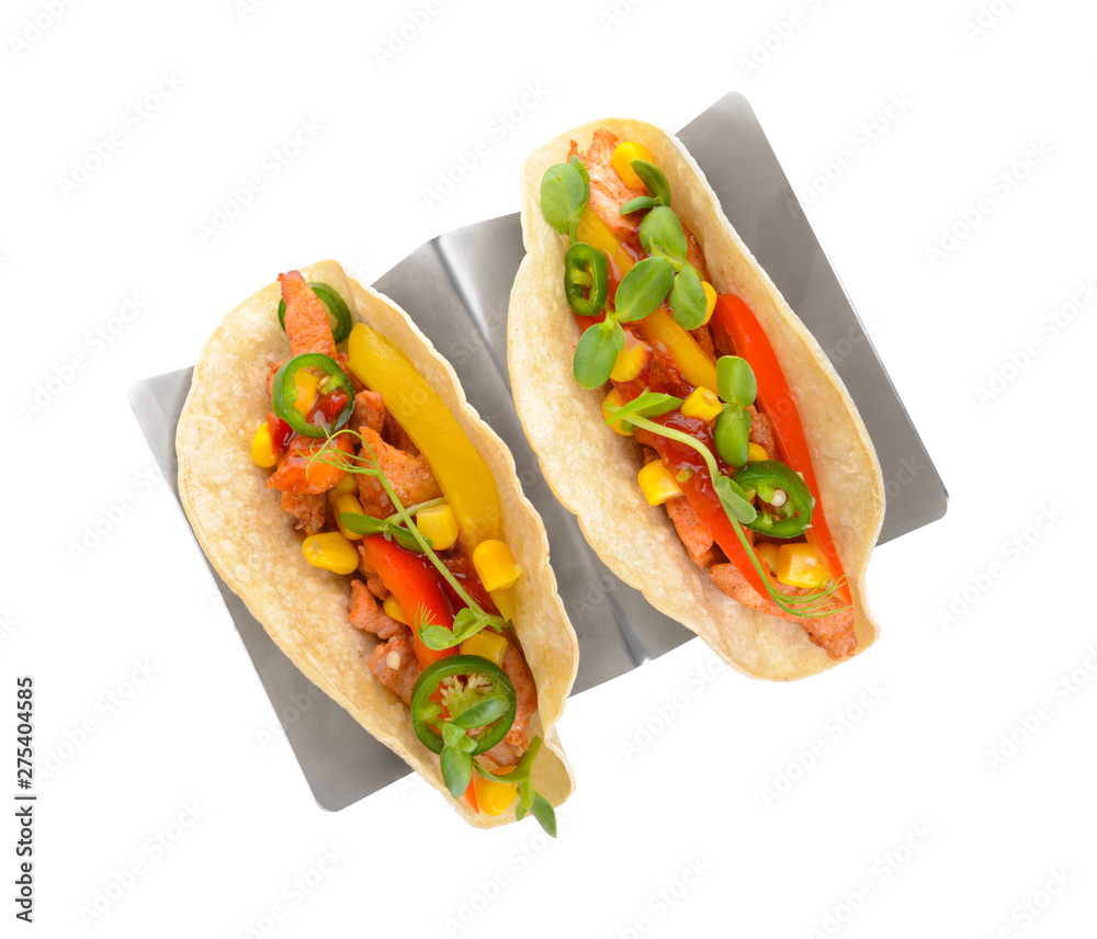 Tasty fresh tacos on white background