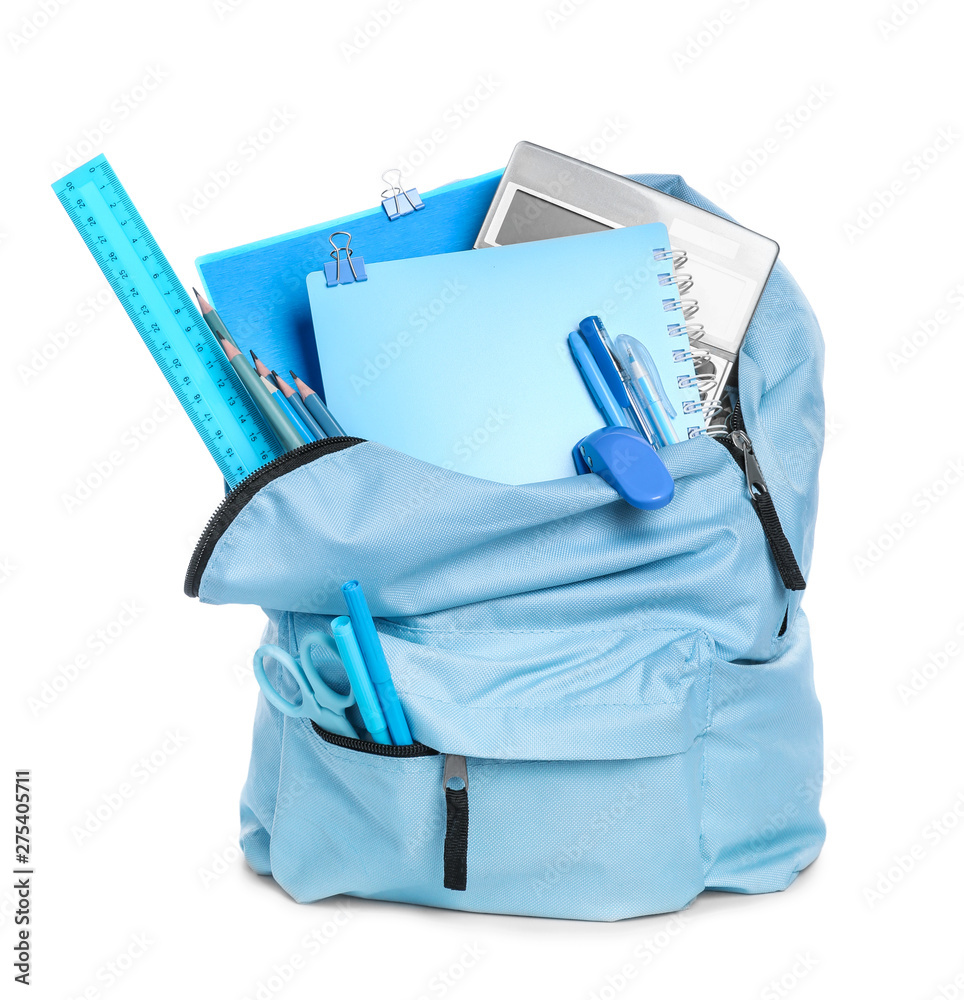 School backpack with stationery on white background