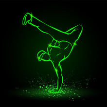 One Hand Frieze By B Boy. Break Dancer Dancing And Making A Frieze By One Hand. Vector Green Neon Illustration. 