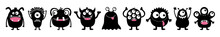 Monster Black Round Silhouette Icon Set Line. Happy Halloween. Eyes, Tongue, Tooth Fang, Hands Up. Cute Cartoon Kawaii Scary Funny Baby Character. White Background. Flat Design.