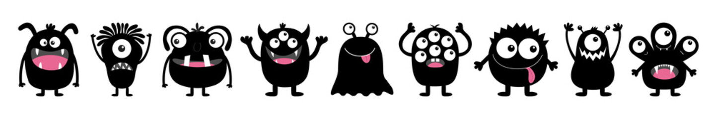 Poster - Monster black round silhouette icon set line. Happy Halloween. Eyes, tongue, tooth fang, hands up. Cute cartoon kawaii scary funny baby character. White background. Flat design.