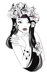 Sticker - Beautiful woman with her cat. A beautiful girl's face decorated with flowers and butterflies. Vector illustration.