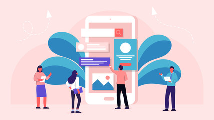 Modern flat design concept of mobile app design. user interface development concept - small people building website with blocks in the browser window. Creative UI/UX Design vector illustration